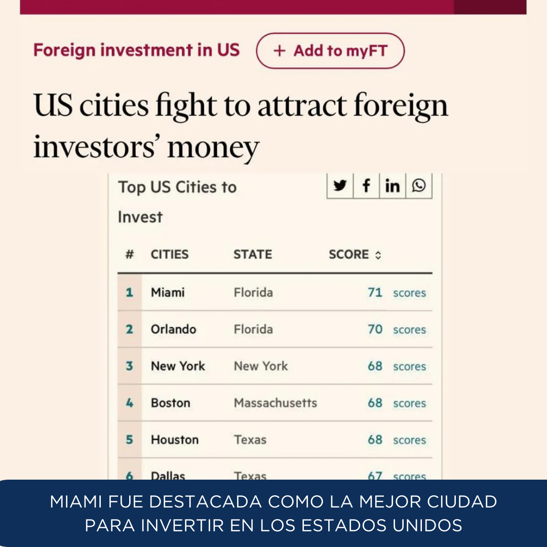 Miami fue destacada como la mejor ciudad para invertir en los Estados Unidos